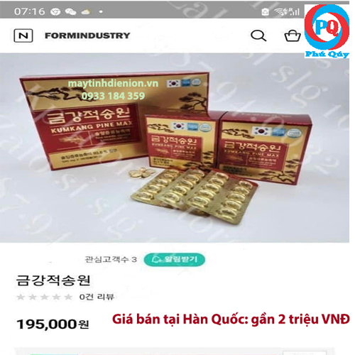 giá bán tại Hàn với tinh dầu thông đỏ Kumkang pine max 180 viên