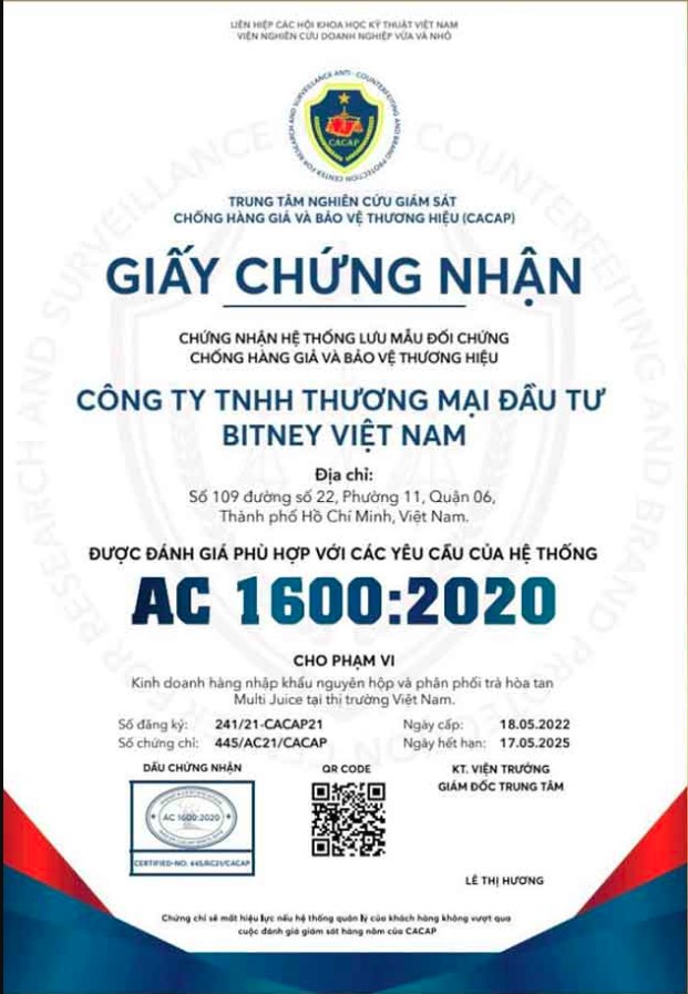 giấy chứng nhận kem bitney multi cream